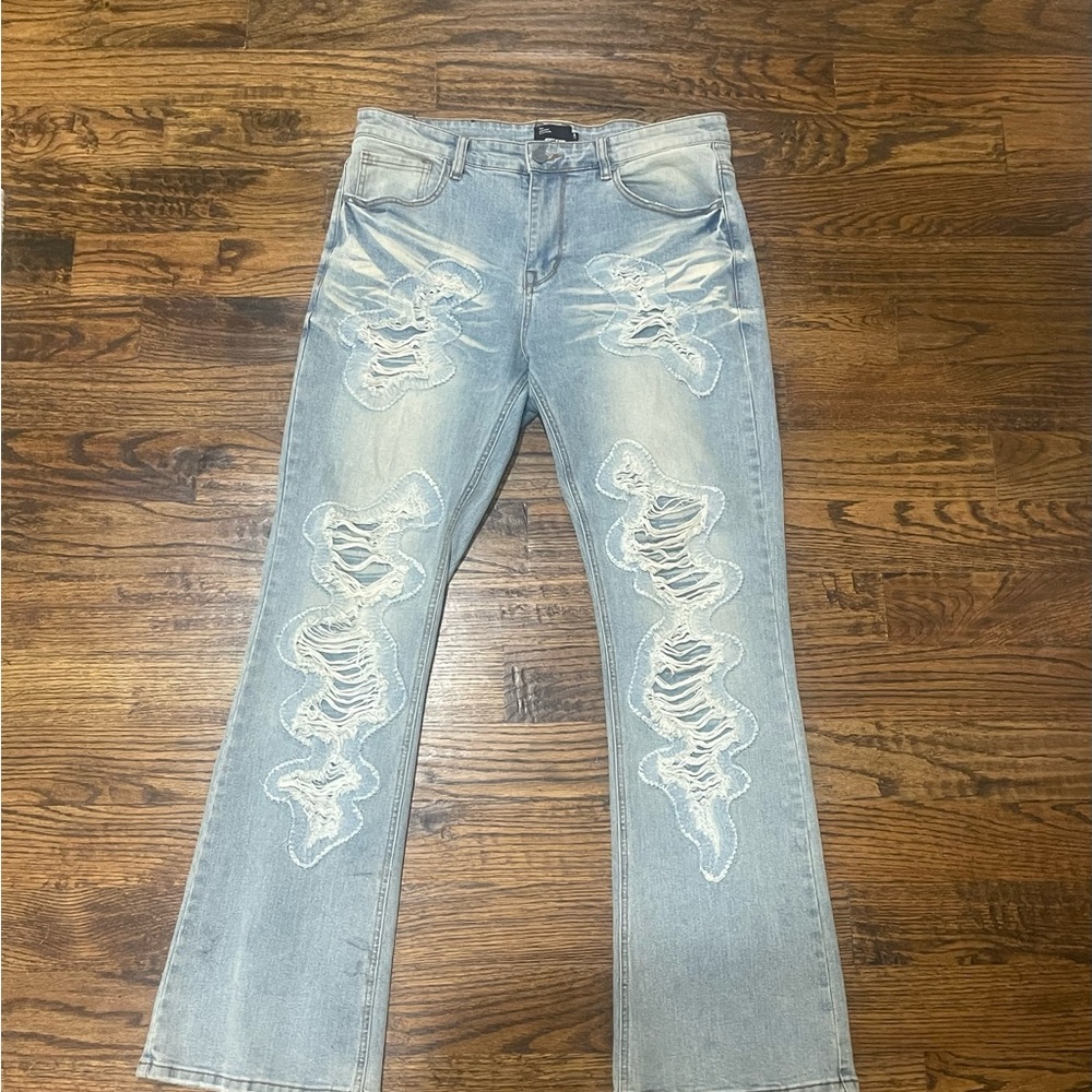 Men's Light Blue Distressed Bootcut Jeans